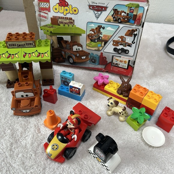 Lego Other - LEGO Duplo Disney Cars MATER'S Shed Tow Truck 99% Complete & Mickeys Roadster